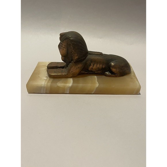 Sphinx Vintage Decoration Egyptian Pharaoh Brass Folk Statue Figurine On Marble - Picture 2 of 12